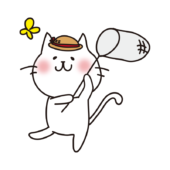 虫取り網で蝶を追いかける白い猫