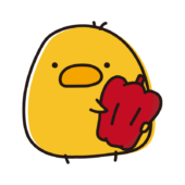 赤いパプリカを持っているまんまるひよこ
