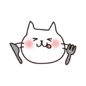 フォークとナイフを持っている白い猫