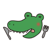 フォークとナイフを持っているワニ