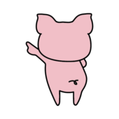 後ろを向いて指をさしているぶた