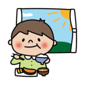 窓の前で和食の朝ごはんを食べる子供（男の子2）