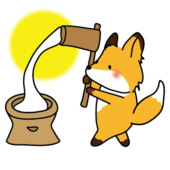 お月見で餅つきをするキツネと月