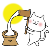 お月見で餅つきをする白い猫と月