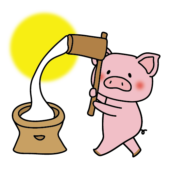 お月見で餅つきをするブタと月