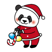 サンタの衣装でクリスマスの飾りつけをするパンダ