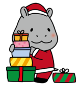 クリスマスプレゼントを積み上げているカバ