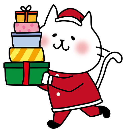 たくさんのクリスマスプレゼントを運ぶ白い猫