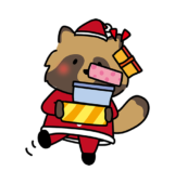 たくさんのクリスマスプレゼントを運ぶタヌキ