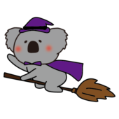 魔女の仮装でほうきに乗るコアラ