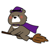 魔女の仮装でほうきに乗るクマ