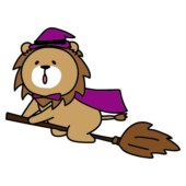 魔女の仮装でほうきに乗るライオン