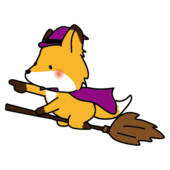 魔女の仮装でほうきに乗るキツネ