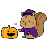 ハロウィンでジャック・オー・ランタンに触る魔女の仮装をしたリス