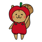 林檎のかぶり物をしているリス