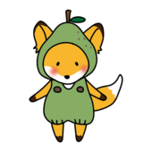 洋ナシのかぶり物をしているキツネ