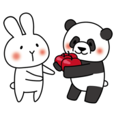 白いうさぎに果物を渡すパンダ