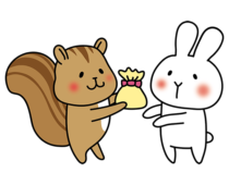 リスにプレゼントを渡す白いうさぎ