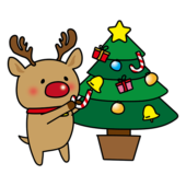 クリスマスツリーの飾り付けをするお鼻の赤いトナカイ