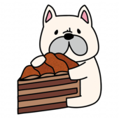 大きなチョコレートケーキを持っているフレンチブルドッグ