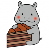 大きなチョコレートケーキを持っているカバ