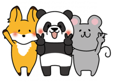 写真撮影でポーズをとるキツネとパンダとネズミ
