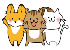 写真撮影でポーズをとるキツネとリスと白い猫