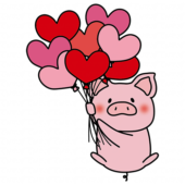 ハートの赤い風船の束を持っているぶた