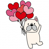 ハートの赤い風船の束を持っているフレンチブルドッグ