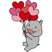 ハートの赤い風船の束を持っているカバ