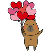 ハートの赤い風船の束を持っているカピバラ