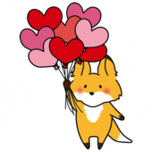 ハートの赤い風船の束を持っているキツネ