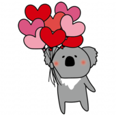ハートの赤い風船の束を持っているコアラ