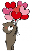 ハートの赤い風船の束を持っているクマ