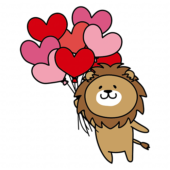 ハートの赤い風船の束を持っているライオン