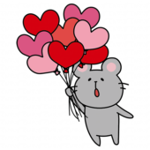 ハートの赤い風船の束を持っているネズミ