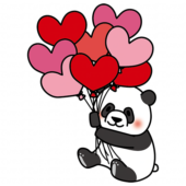 ハートの赤い風船の束を持っているパンダ
