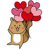 ハートの赤い風船の束を持っているリス