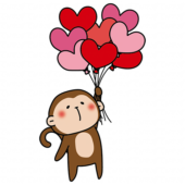 ハートの赤い風船の束を持っている猿