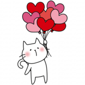 ハートの赤い風船の束を持っている白い猫