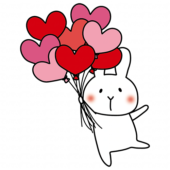 ハートの赤い風船の束を持っている白いうさぎ