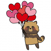 ハートの赤い風船の束を持っているタヌキ