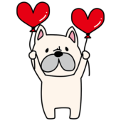 ハートの風船を持っているフレンチブルドッグ