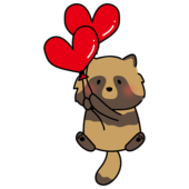 ハートの風船を持っているタヌキ