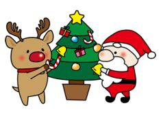 クリスマスツリーに飾り付けをするお鼻の大きなサンタクロースとお鼻の赤いトナカイ