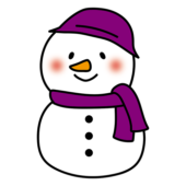 紫のマフラーと紫の帽子をかぶったニンジンの鼻の雪だるま
