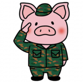 迷彩服を着て敬礼するぶた