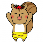 ガォーと脅かしている赤鬼の格好をしたリス