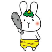 金棒を持っている青鬼の格好をした白いうさぎ