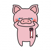 胸にコサージュを付けて泣いているぶた